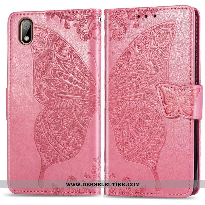 Deksel Huawei Y6 2020 Skinn Lær Butterfly Hengende Ornamenter Blomster Lilla, Etui Huawei Y6 2020 Be