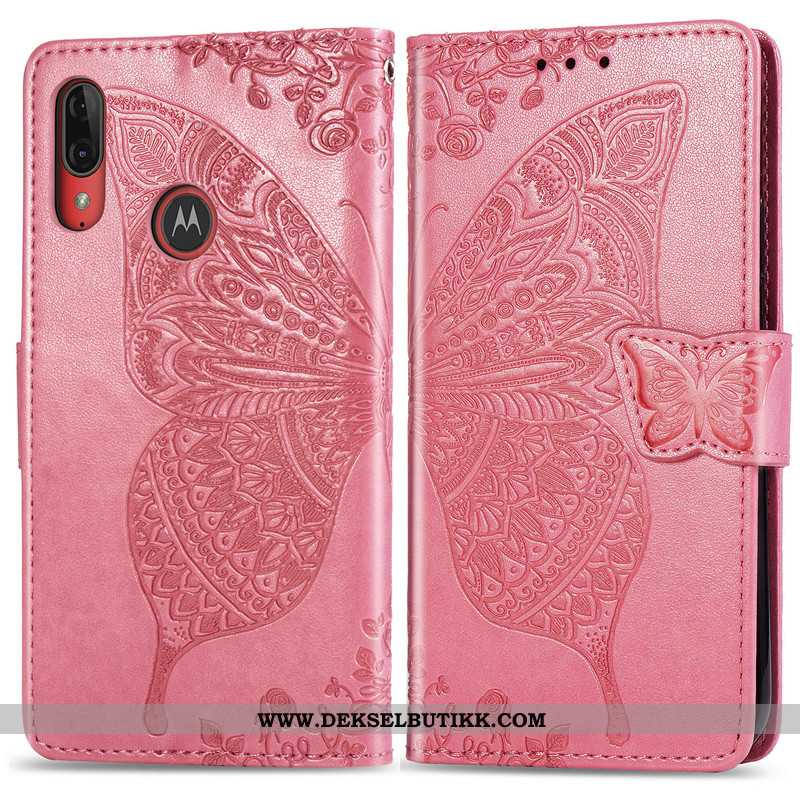 Deksel Moto E6 Plus Hengende Ornamenter Folio Vakker Butterfly Rosa, Etui Moto E6 Plus Relieff Kjøpe