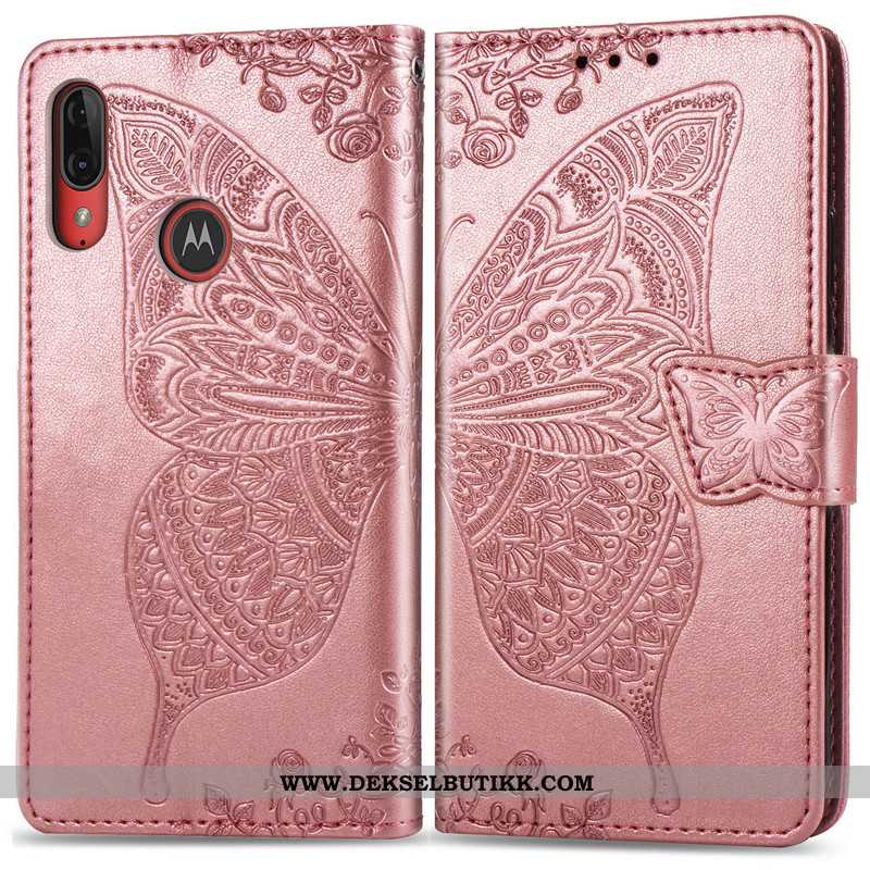 Deksel Moto E6 Plus Hengende Ornamenter Folio Vakker Butterfly Rosa, Etui Moto E6 Plus Relieff Kjøpe