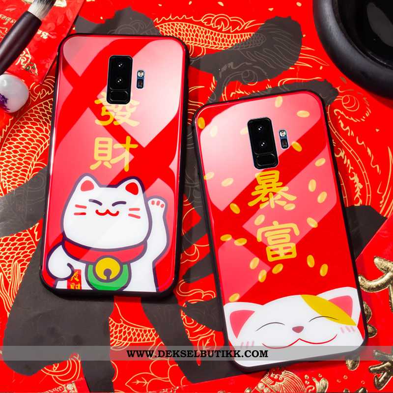 Deksel Samsung Galaxy S9+ Glass Katt Myke Etui Rød, Samsung Galaxy S9+ Cartoon Billige