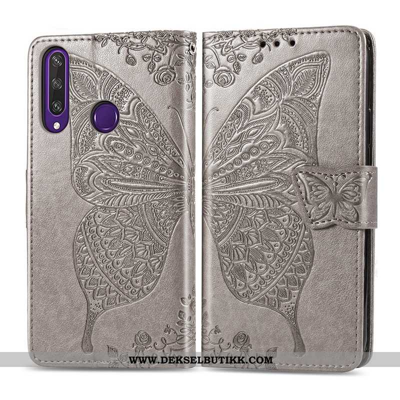 Etui Huawei Y6p Beskyttelse Folio Hengende Ornamenter Blomster Grå, Deksel Huawei Y6p Skinndeksel Bi