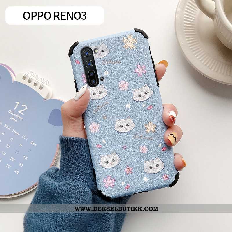 Etui Oppo Reno 3 Ultra Blomster Mønster Anti-fall Blå, Deksel Oppo Reno 3 Tynne Butikk