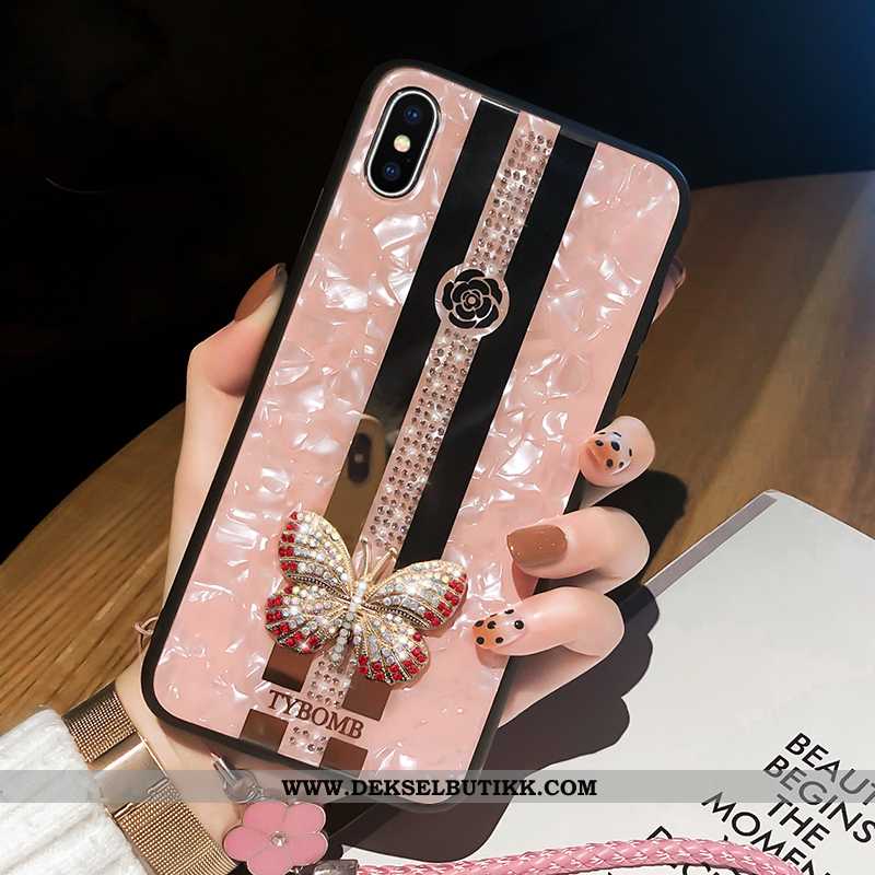 Etui iPhone Xs Max Glass Butterfly Hengende Ornamenter Rosa, Deksel iPhone Xs Max Med Strass Rabatt