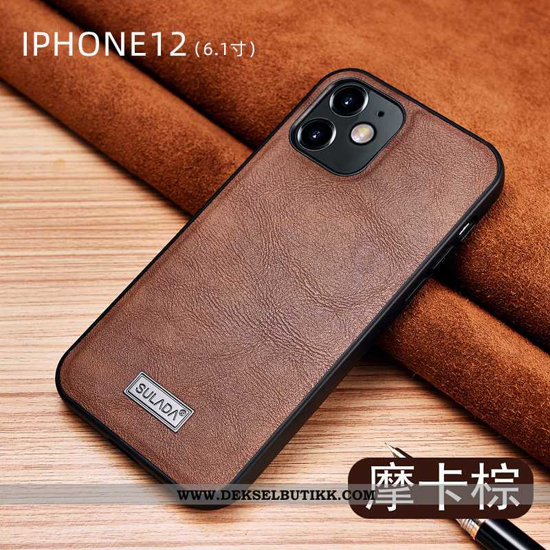 Etui iPhone 12 Skinndeksel Anti-fall High End Cow Brun, Deksel iPhone 12 Nubuck Tilbud