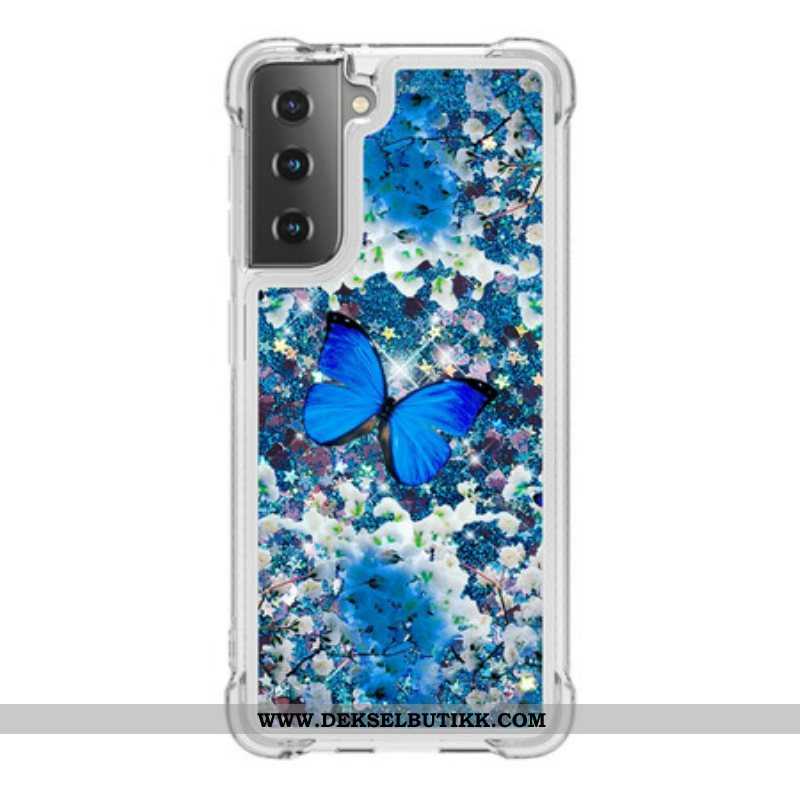 Deksel Til Samsung Galaxy S21 5G Glitter Blå Sommerfugler