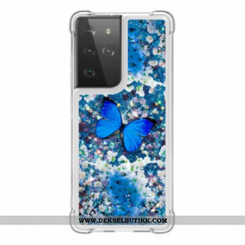 Deksel Til Samsung Galaxy S21 Ultra 5G Glitter Blå Sommerfugler