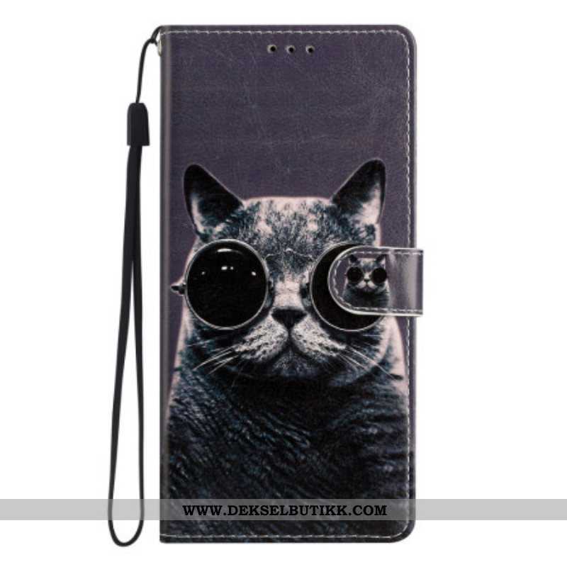 Folio Deksel Til Moto G73 5G Med Kjede Strappy Glasses Cat