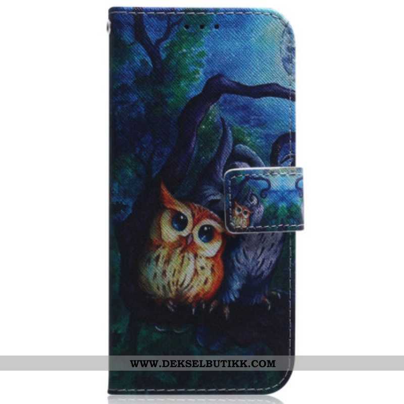 Folio Deksel Til Samsung Galaxy A54 5G Med Kjede Strappy Owls Maleri