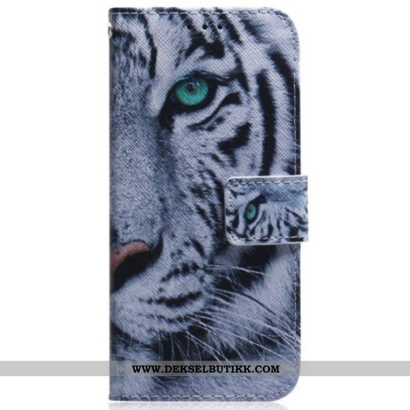 Folio Deksel Til Samsung Galaxy M13 Med Kjede Strappy White Tiger