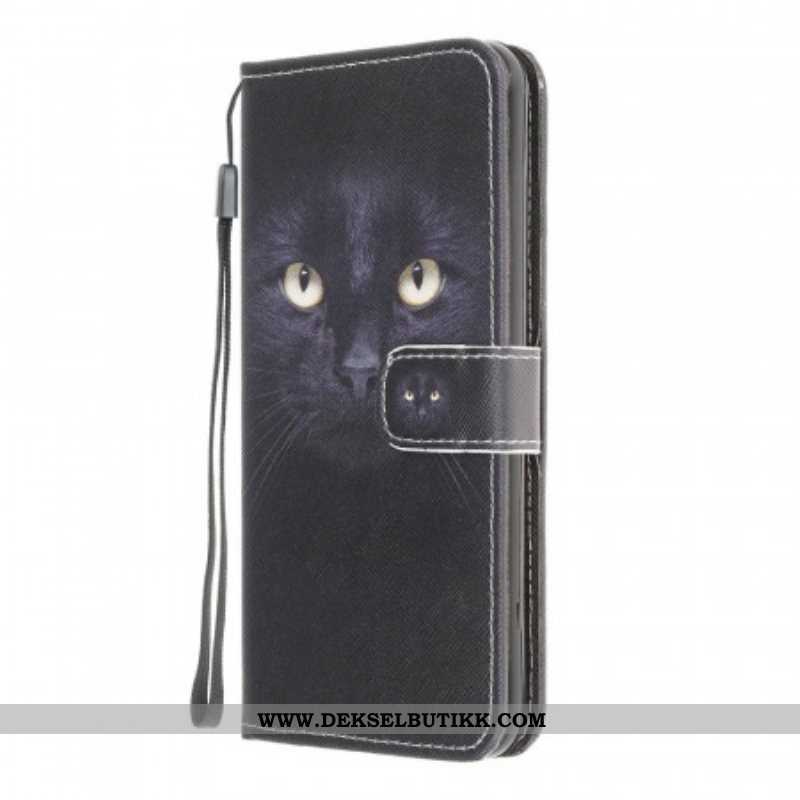 Folio Deksel Til Samsung Galaxy M32 Med Kjede Strappy Black Cat Eyes