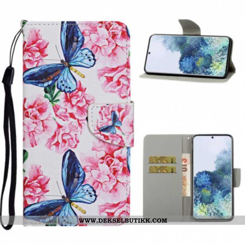 Folio Deksel Til Samsung Galaxy S21 Ultra 5G Butterflies Floral Lanyard