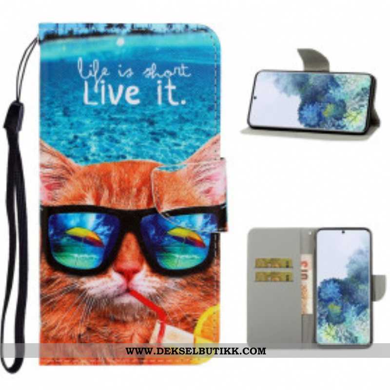 Folio Deksel Til Samsung Galaxy S21 Ultra 5G Med Kjede Cat Live It Strappy