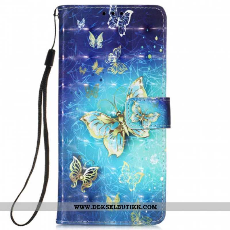 Folio Deksel Til Samsung Galaxy S22 Ultra 5G Golden Butterflies Lanyard