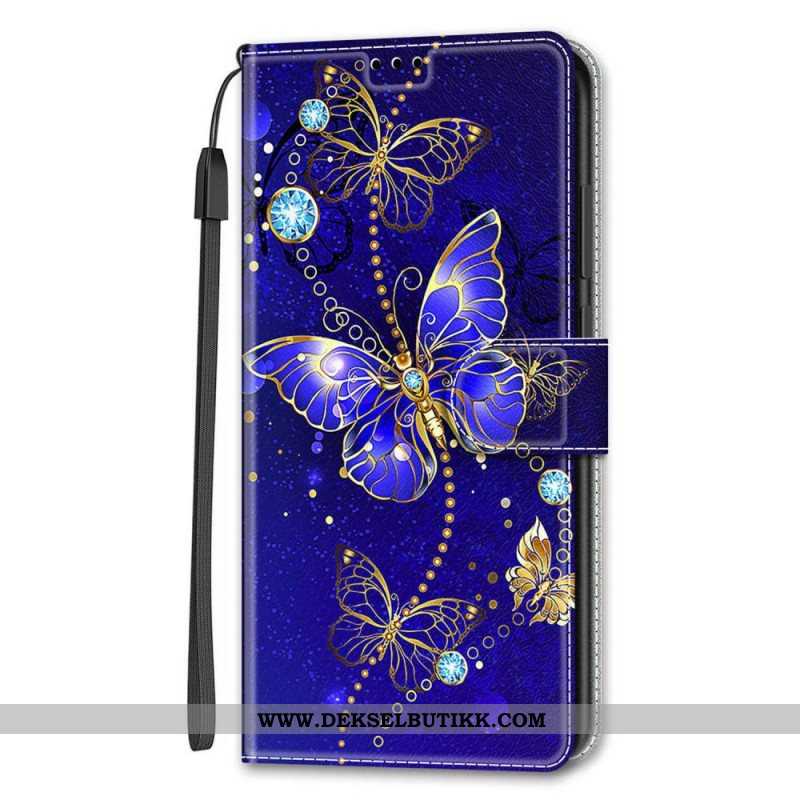 Folio Deksel Til Samsung Galaxy S22 Ultra 5G Med Kjede Strap Butterflies Fan