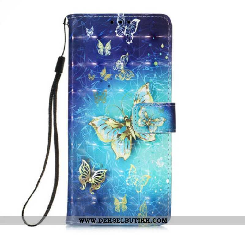 Folio Deksel Til iPhone 13 Mini Golden Butterflies Lanyard