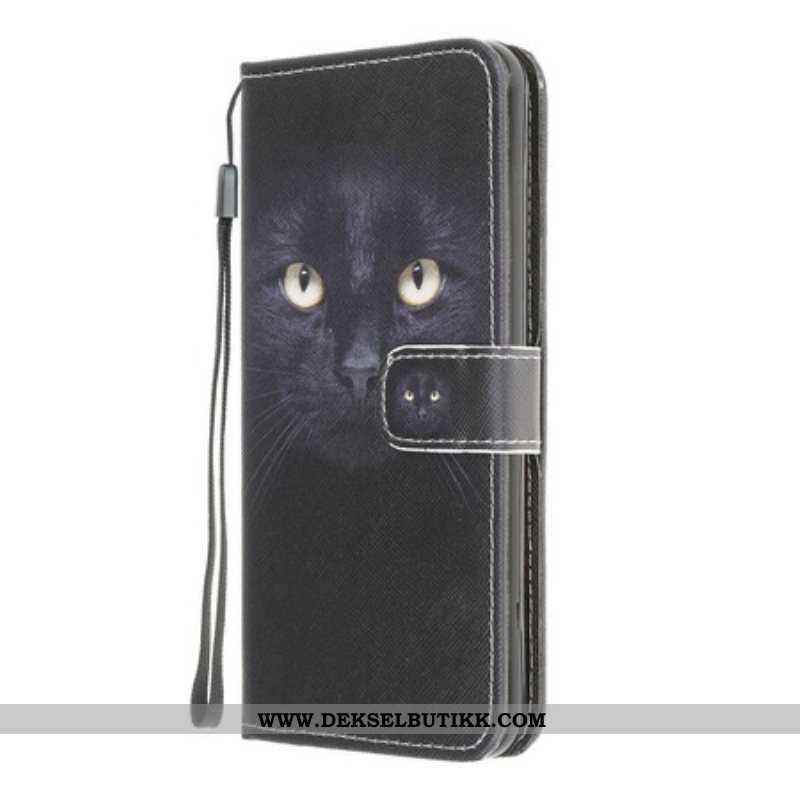 Lærdeksel Til Samsung Galaxy A42 5G Med Kjede Strappy Black Cat Eyes