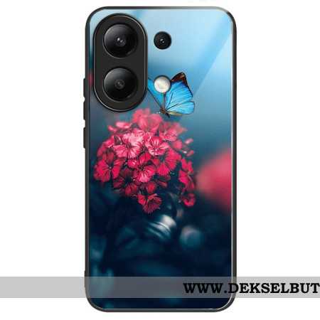 Deksel Xiaomi Redmi Note 13 4g Røde Blomster Og Sommerfugler I Herdet Glass Beskyttelse Deksel