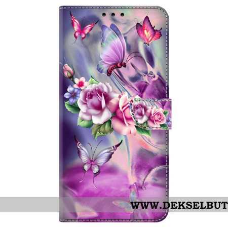 Folio Deksel Samsung Galaxy S24 5g Sommerfugler Og Fiolette Blomster Beskyttelse Deksel