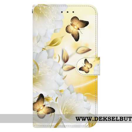 Folio Deksel Til Samsung Galaxy S24 Ultra 5g Gylne Sommerfugler Og Hvite Blomster Med Stropp