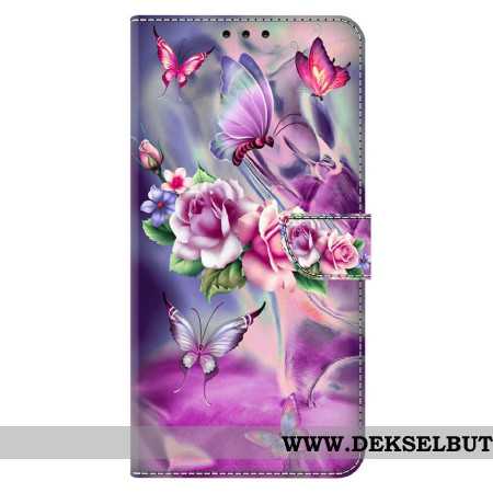 Folio Deksel Til Xiaomi Redmi Note 13 4g Sommerfugler Og Fiolette Blomster