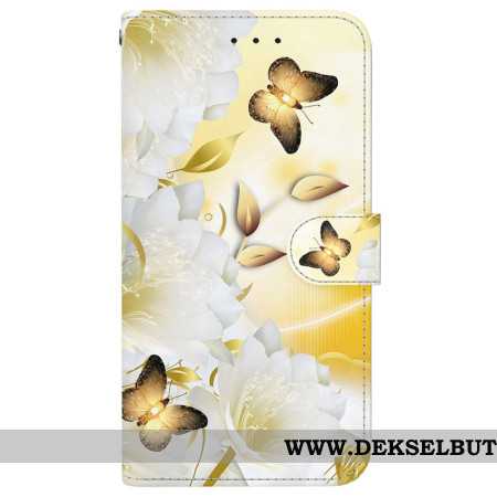 Folio Deksel iPhone 16 Pro Gylne Sommerfugler Og Hvite Blomster Med Stropp Beskyttelse Deksel