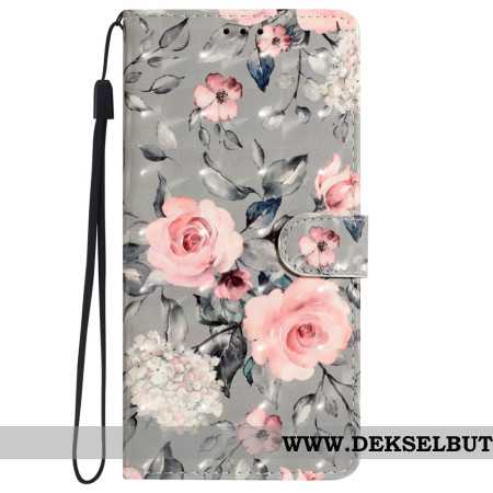 Folio Deksel iPhone 16 Pro Rosa Blomster På Grå Bakgrunn Med Stropp