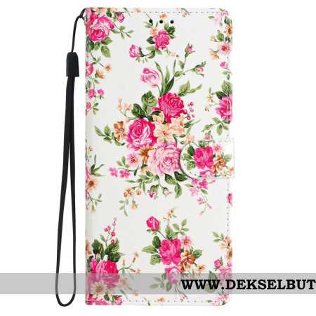 Folio Deksel iPhone 16 Pro Røde Blomster Med Stropp Beskyttelse Deksel