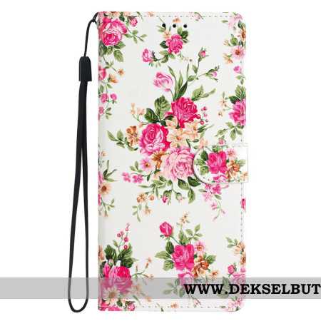 Lærdeksel Folio Deksel iPhone 16 Pro Max Røde Blomster Med Stropp